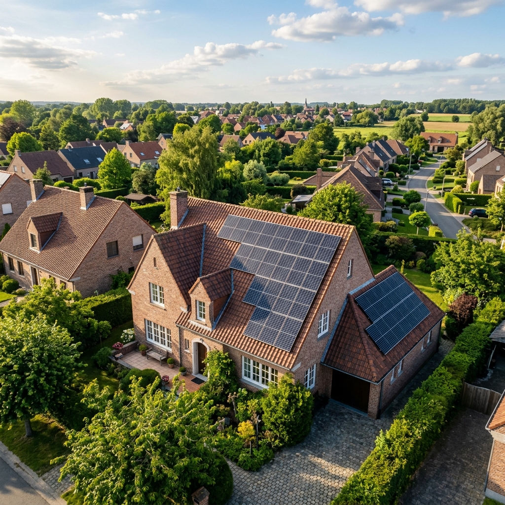 Installation de panneaux solaires sur une maison belge — toiture typique avec panneaux photovoltaïques